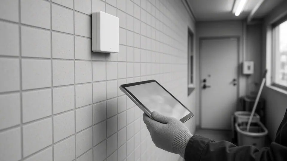 手袋をした手が施設の壁面センサーをタブレットで点検しているイメージ。現場の継続利用を点検する様子を表した、顔の写らないAI生成のイメージ写真